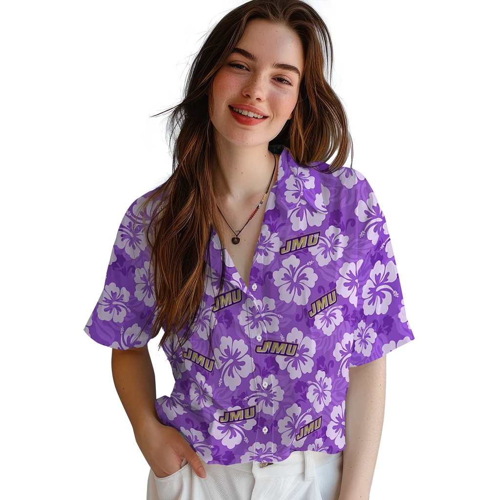 James Madison Dukes Hawaiian Shirt - Hibiscus Cluster james madison dukes hibiscus cluster purple hawaiian shirts latest model