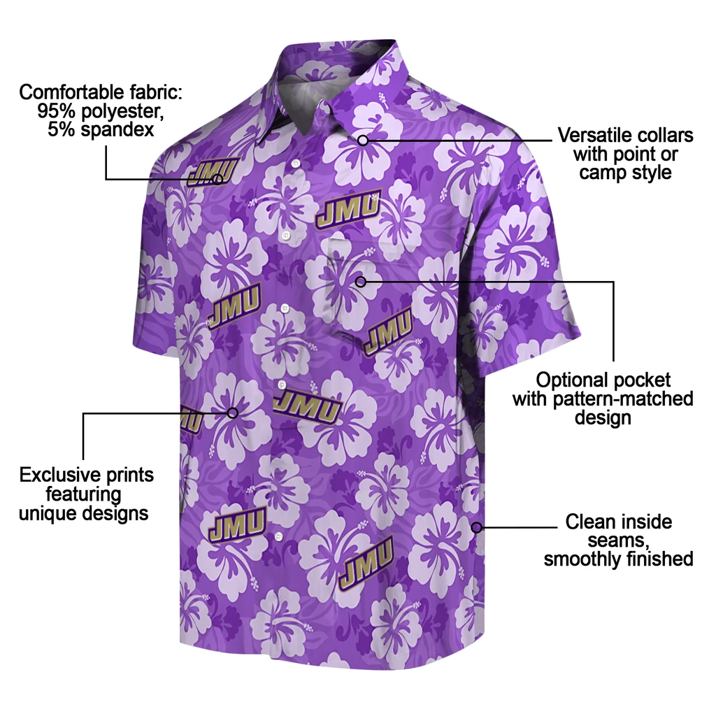 James Madison Dukes Hawaiian Shirt - Hibiscus Cluster james madison dukes hibiscus cluster purple hawaiian shirts new arrival