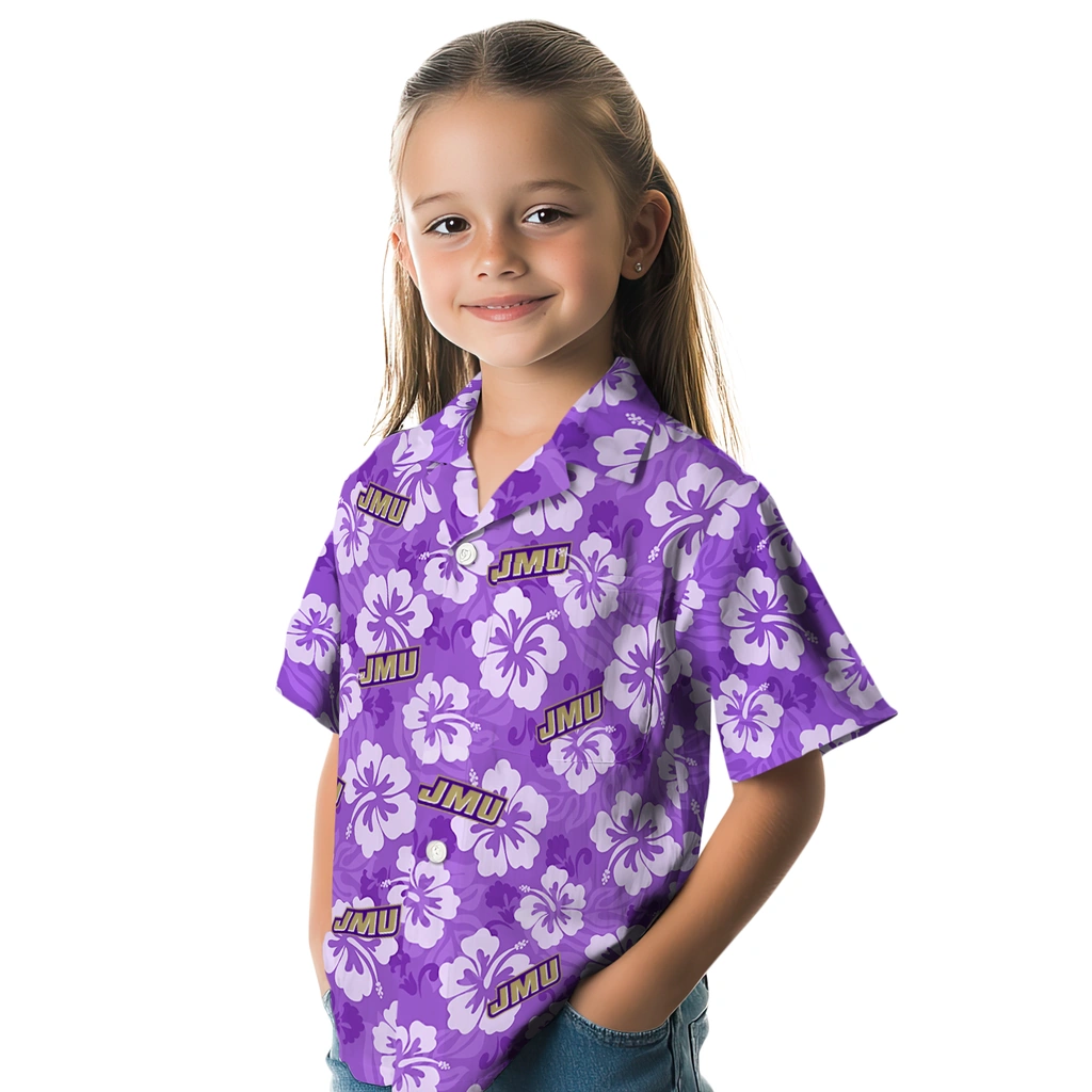 James Madison Dukes Hawaiian Shirt - Hibiscus Cluster james madison dukes hibiscus cluster purple hawaiian shirts premium grade