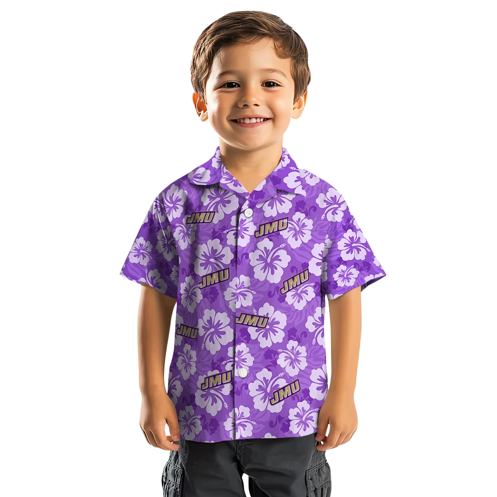James Madison Dukes Hawaiian Shirt - Hibiscus Cluster james madison dukes hibiscus cluster purple hawaiian shirts top rated