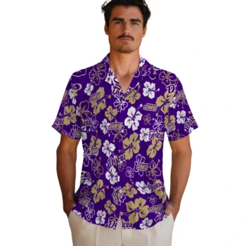 james madison dukes hibiscus bloom purple hawaiian shirts fashion forward