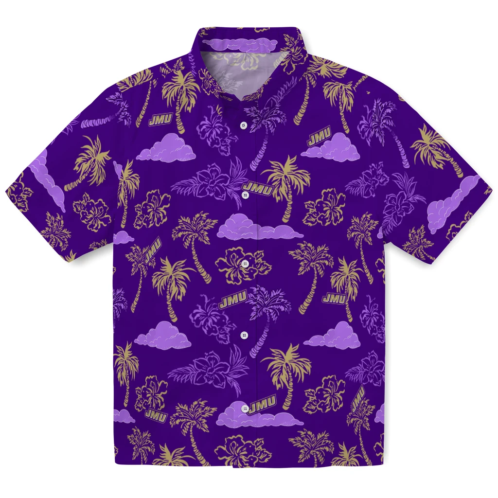 James Madison Dukes Hawaiian Shirt - Palm And Clouds james madison dukes palm and clouds purple hawaiian shirts best selling