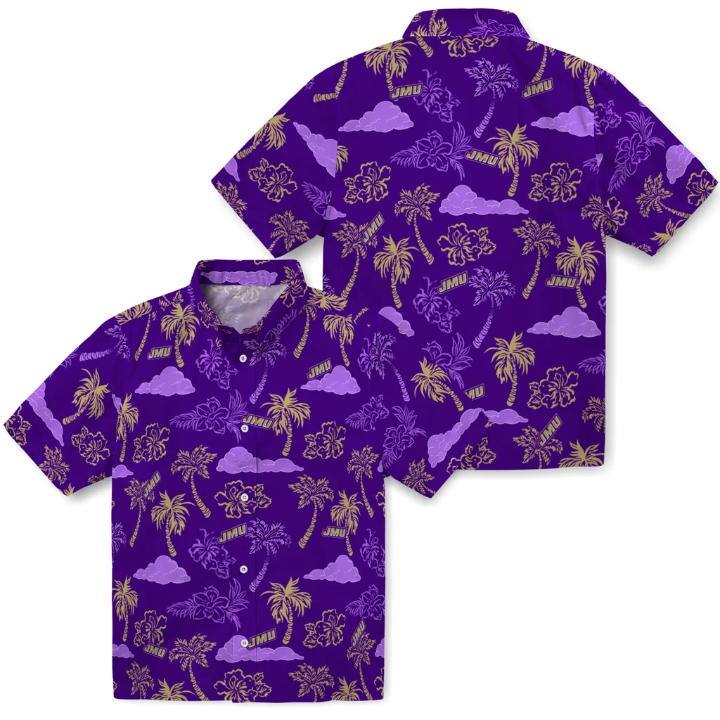 James Madison Dukes Hawaiian Shirt - Palm And Clouds james madison dukes palm and clouds purple hawaiian shirts high quality