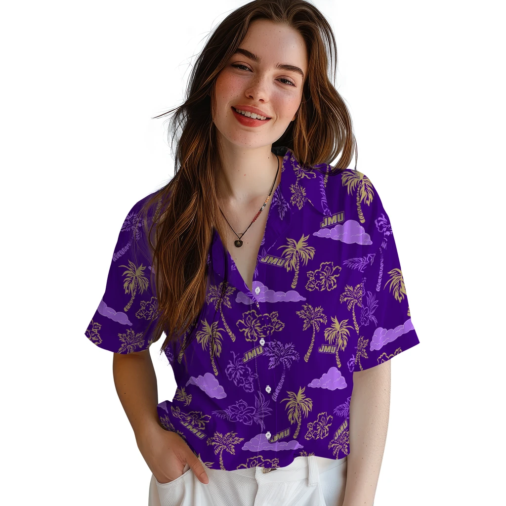 James Madison Dukes Hawaiian Shirt - Palm And Clouds james madison dukes palm and clouds purple hawaiian shirts latest model
