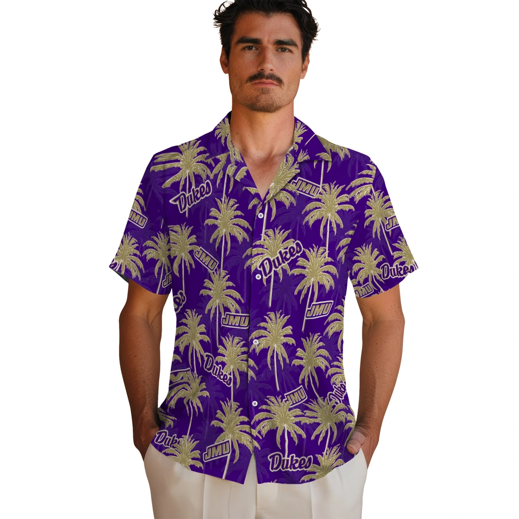 James Madison Dukes Hawaiian Shirt - Palm Tree Motif james madison dukes palm grove purple hawaiian shirts fashion forward