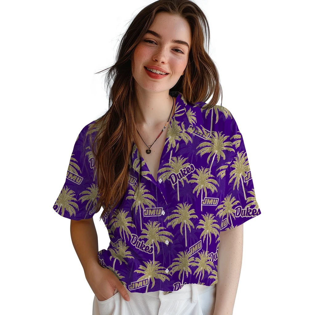 James Madison Dukes Hawaiian Shirt - Palm Tree Motif james madison dukes palm grove purple hawaiian shirts latest model