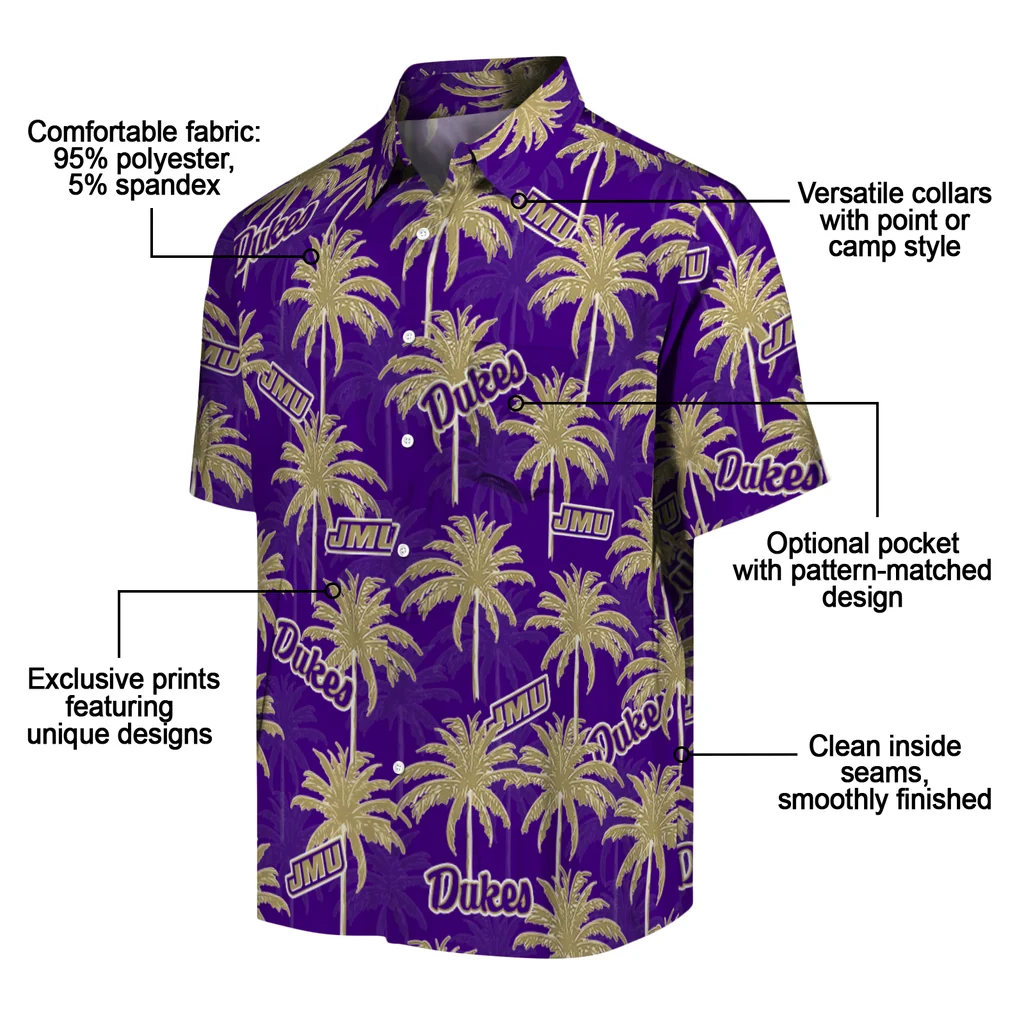 James Madison Dukes Hawaiian Shirt - Palm Tree Motif james madison dukes palm grove purple hawaiian shirts new arrival