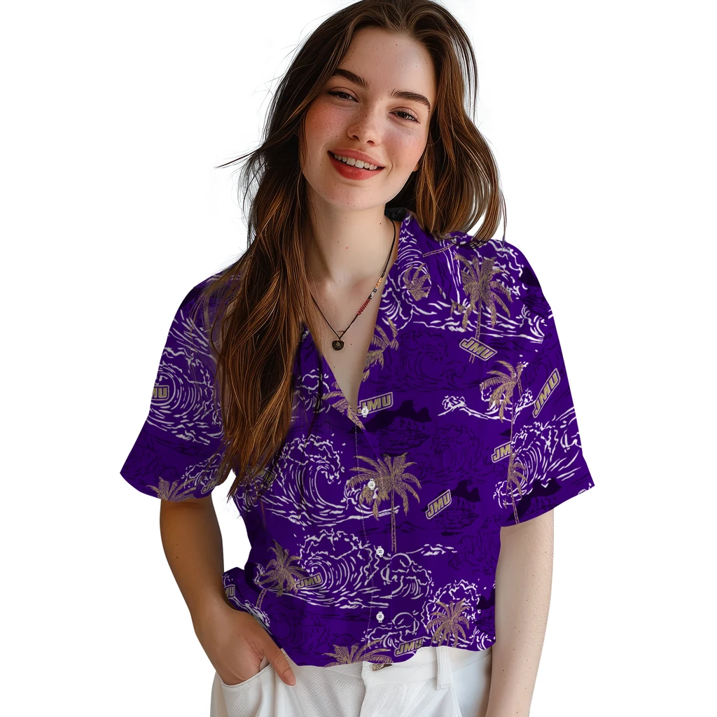 James Madison Dukes Hawaiian Shirt - Wave Palm james madison dukes wave palm purple hawaiian shirts latest model