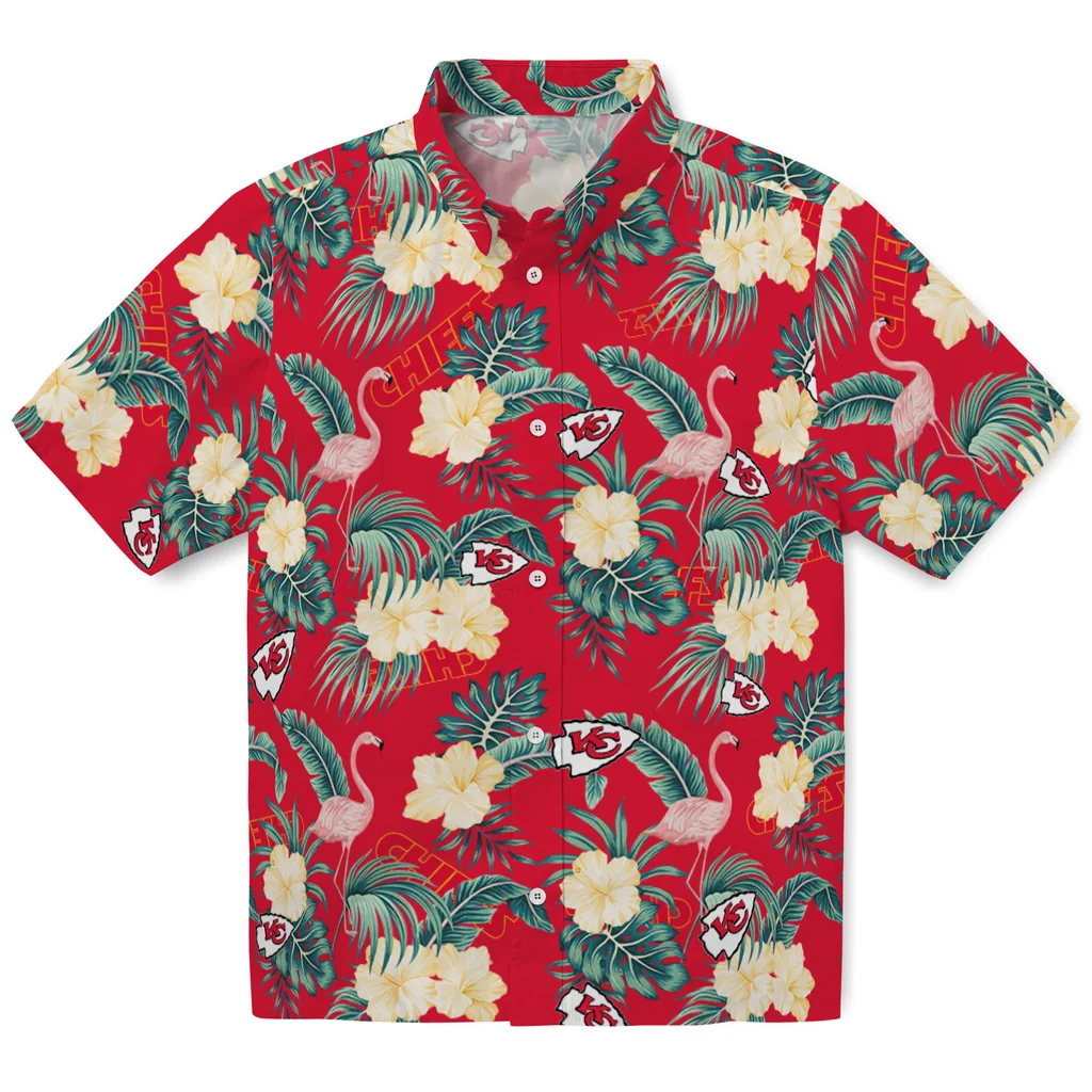 Kansas City Chiefs Hawaiian Shirt - Flamingo and Hibiscus kansas city chiefs flamingo palms red hawaiian shirts best selling