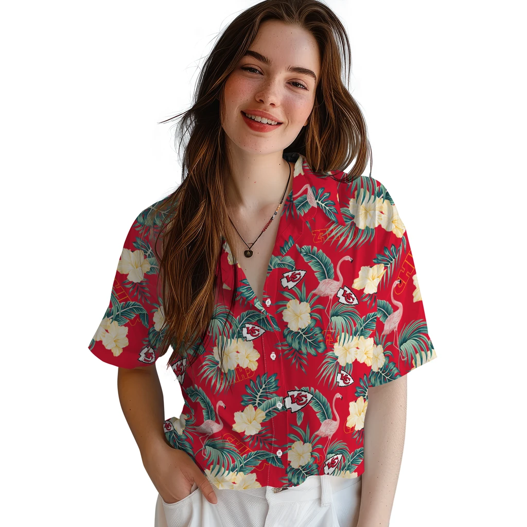 Kansas City Chiefs Hawaiian Shirt - Flamingo and Hibiscus kansas city chiefs flamingo palms red hawaiian shirts latest model