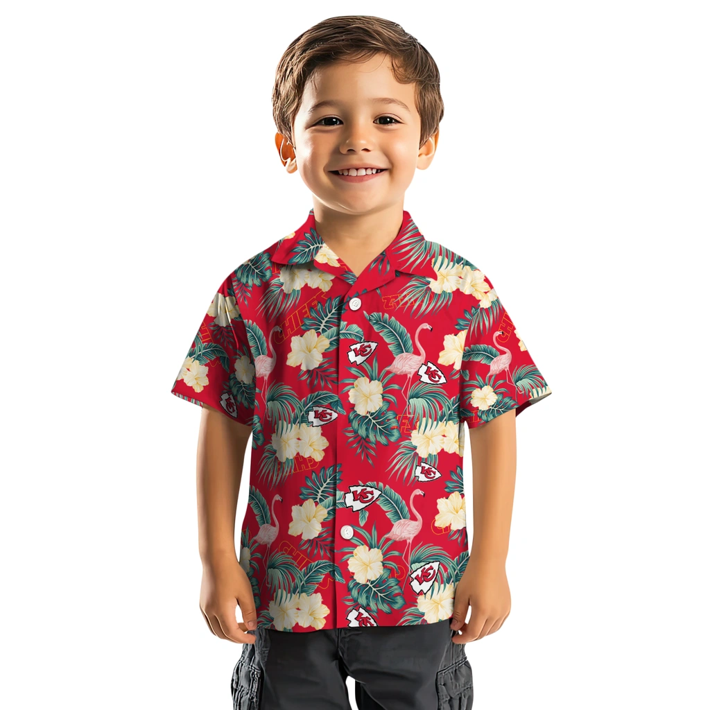 Kansas City Chiefs Hawaiian Shirt - Flamingo and Hibiscus kansas city chiefs flamingo palms red hawaiian shirts top rated