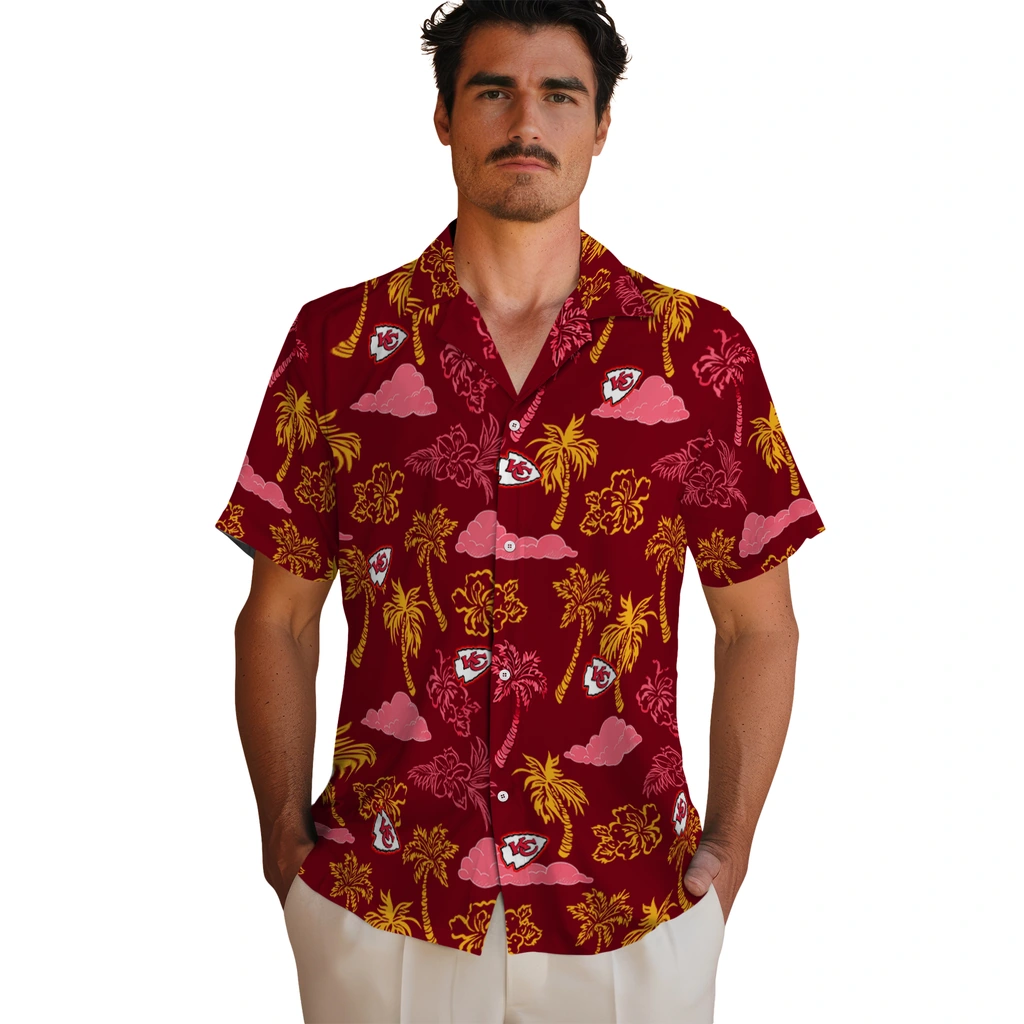 Kansas City Chiefs Hawaiian Shirt - Palm And Clouds kansas city chiefs palm and clouds red hawaiian shirts fashion forward