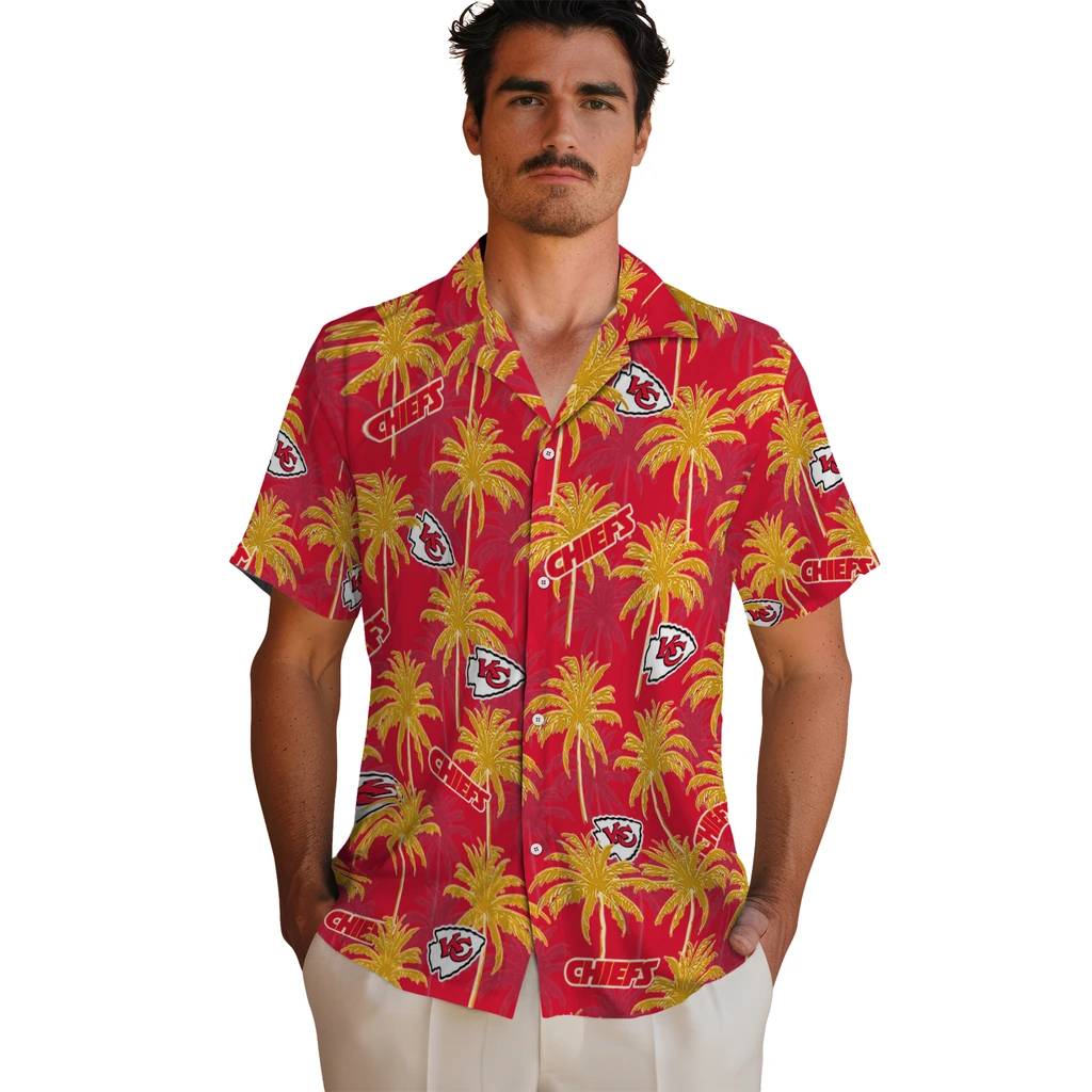 Kansas City Chiefs Hawaiian Shirt - Palm Tree Motif kansas city chiefs palm grove red hawaiian shirts fashion forward