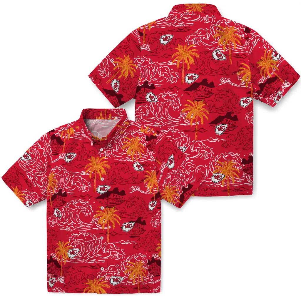 Kansas City Chiefs Hawaiian Shirt - Wave Palm kansas city chiefs wave palm red hawaiian shirts high quality
