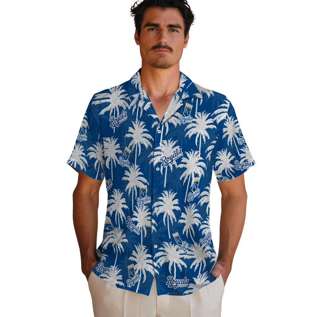 Kansas City Royals Hawaiian Shirt - Palm Tree Motif kansas city royals palm grove royal blue hawaiian shirts fashion forward