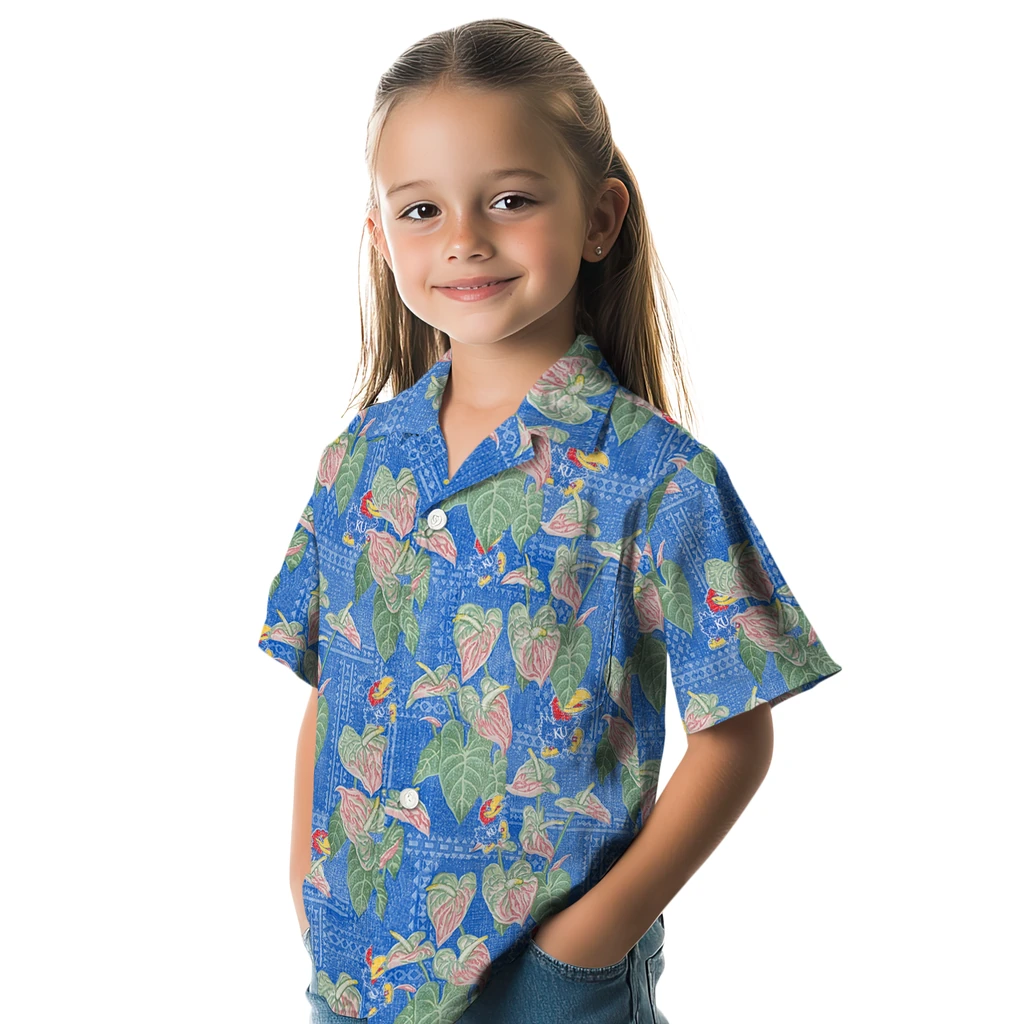 Kansas Jayhawks Hawaiian Shirt - Anthurium Overlay kansas jayhawks anthurium overlay blue hawaiian shirts premium grade