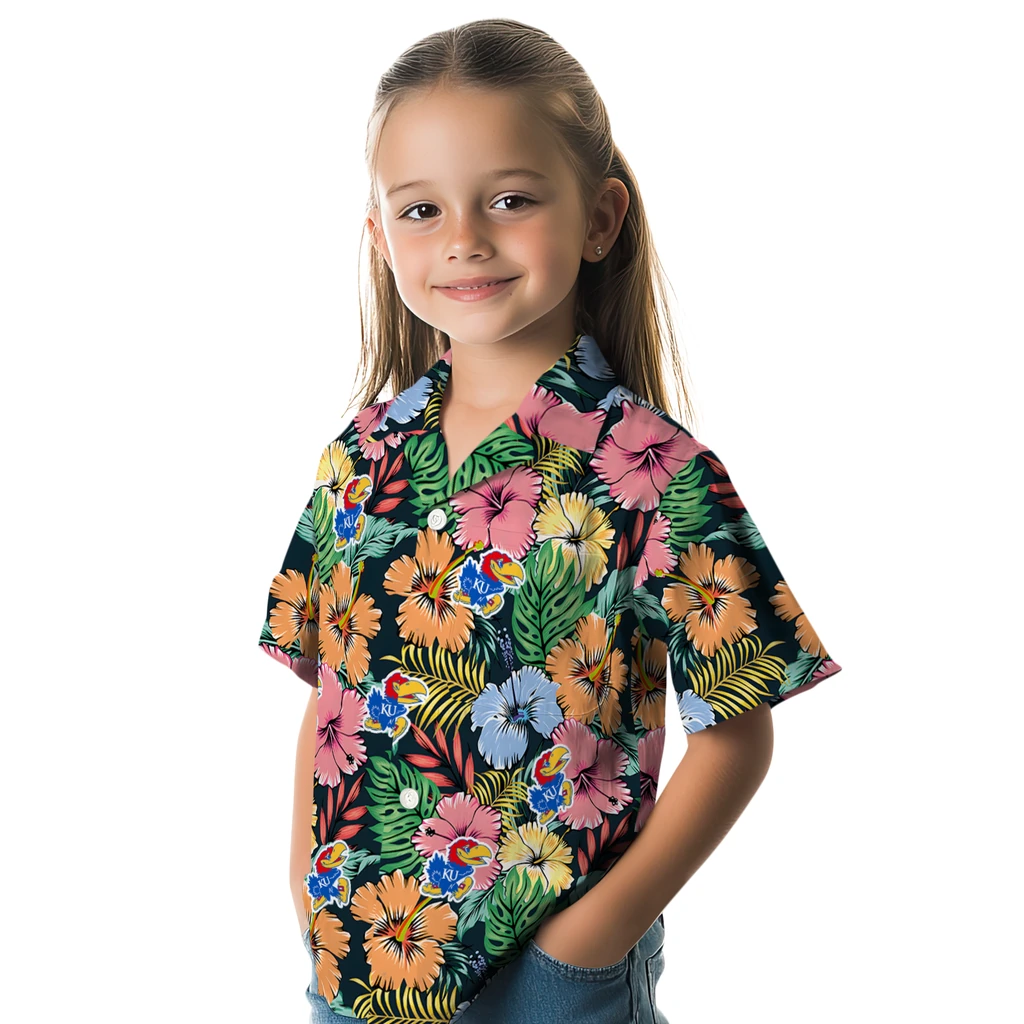 Kansas Jayhawks Hawaiian Shirt - Brilliant Hibiscus Garden kansas jayhawks brilliant hibiscus garden hawaiian shirts premium grade
