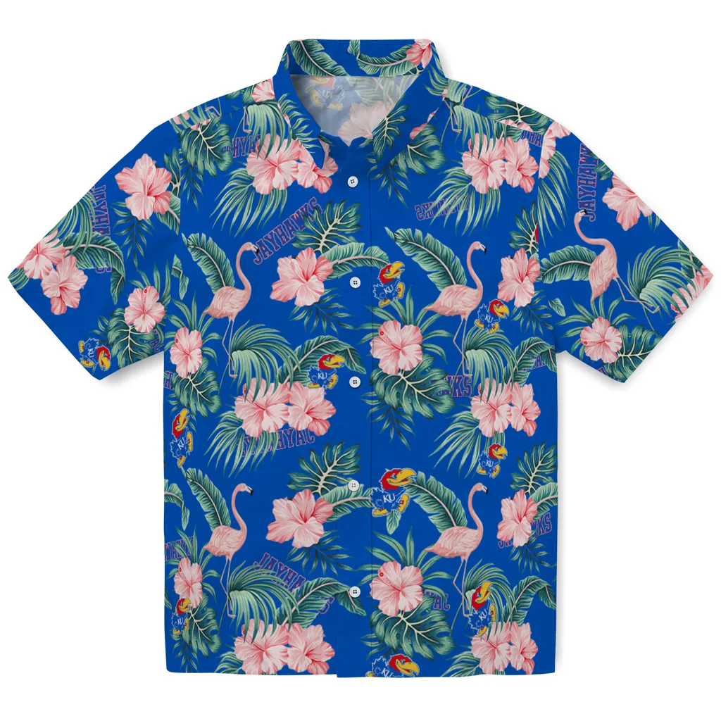 Kansas Jayhawks Hawaiian Shirt - Flamingo and Hibiscus kansas jayhawks flamingo palms blue hawaiian shirts best selling