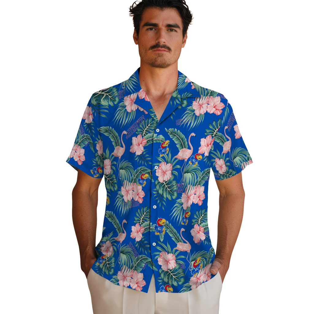 Kansas Jayhawks Hawaiian Shirt - Flamingo and Hibiscus kansas jayhawks flamingo palms blue hawaiian shirts fashion forward