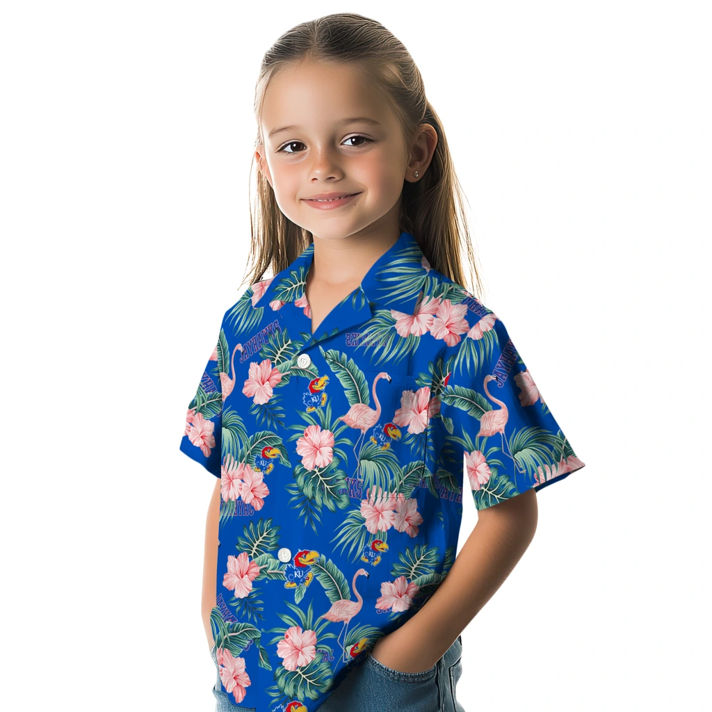 Kansas Jayhawks Hawaiian Shirt - Flamingo and Hibiscus kansas jayhawks flamingo palms blue hawaiian shirts premium grade
