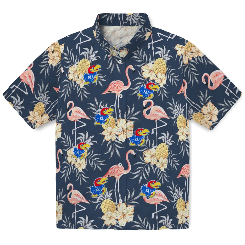 Kansas Jayhawks Hawaiian Shirt - Flamingo Hibiscus kansas jayhawks flamingo hibiscus navy hawaiian shirts best selling