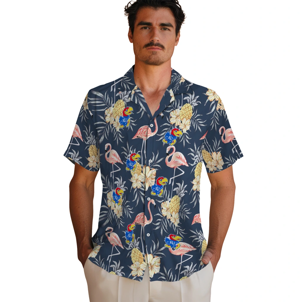 Kansas Jayhawks Hawaiian Shirt - Flamingo Hibiscus kansas jayhawks flamingo hibiscus navy hawaiian shirts fashion forward