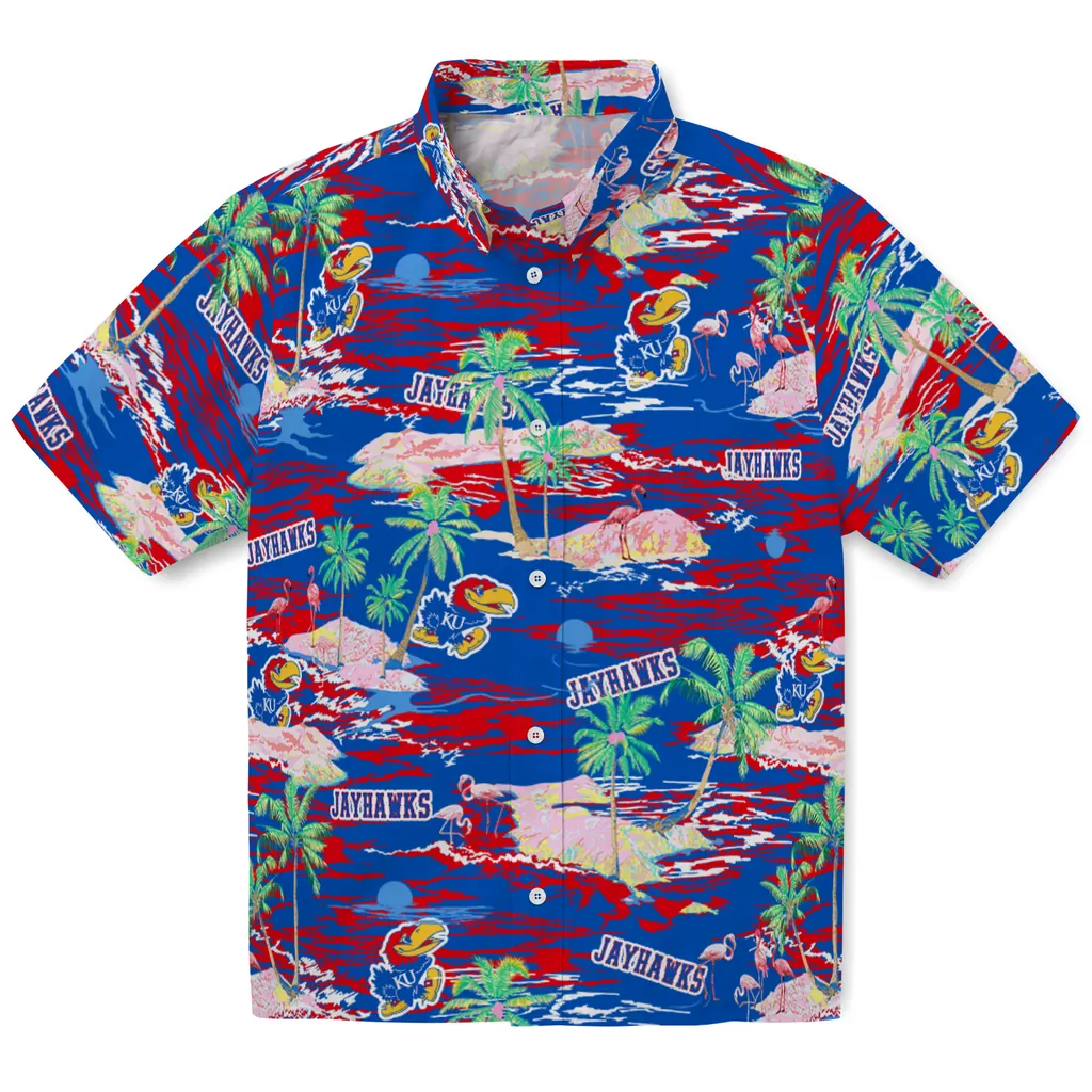 Kansas Jayhawks Hawaiian Shirt - Hawaii Island kansas jayhawks flamingo retreat blue hawaiian shirts best selling