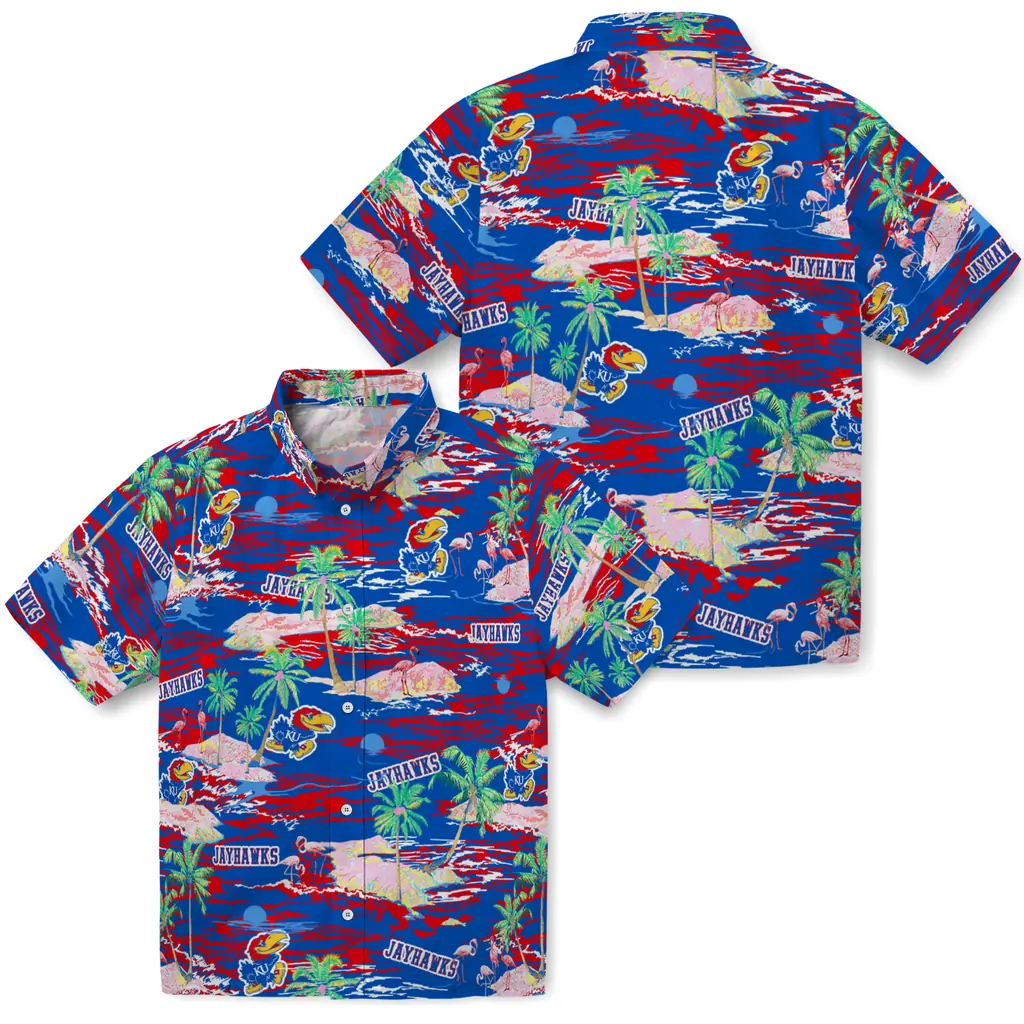 Kansas Jayhawks Hawaiian Shirt - Hawaii Island kansas jayhawks flamingo retreat blue hawaiian shirts high quality