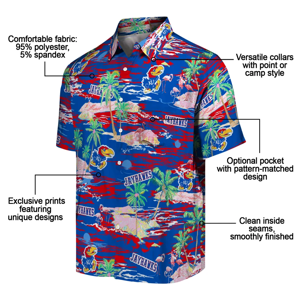 Kansas Jayhawks Hawaiian Shirt - Hawaii Island kansas jayhawks flamingo retreat blue hawaiian shirts new arrival