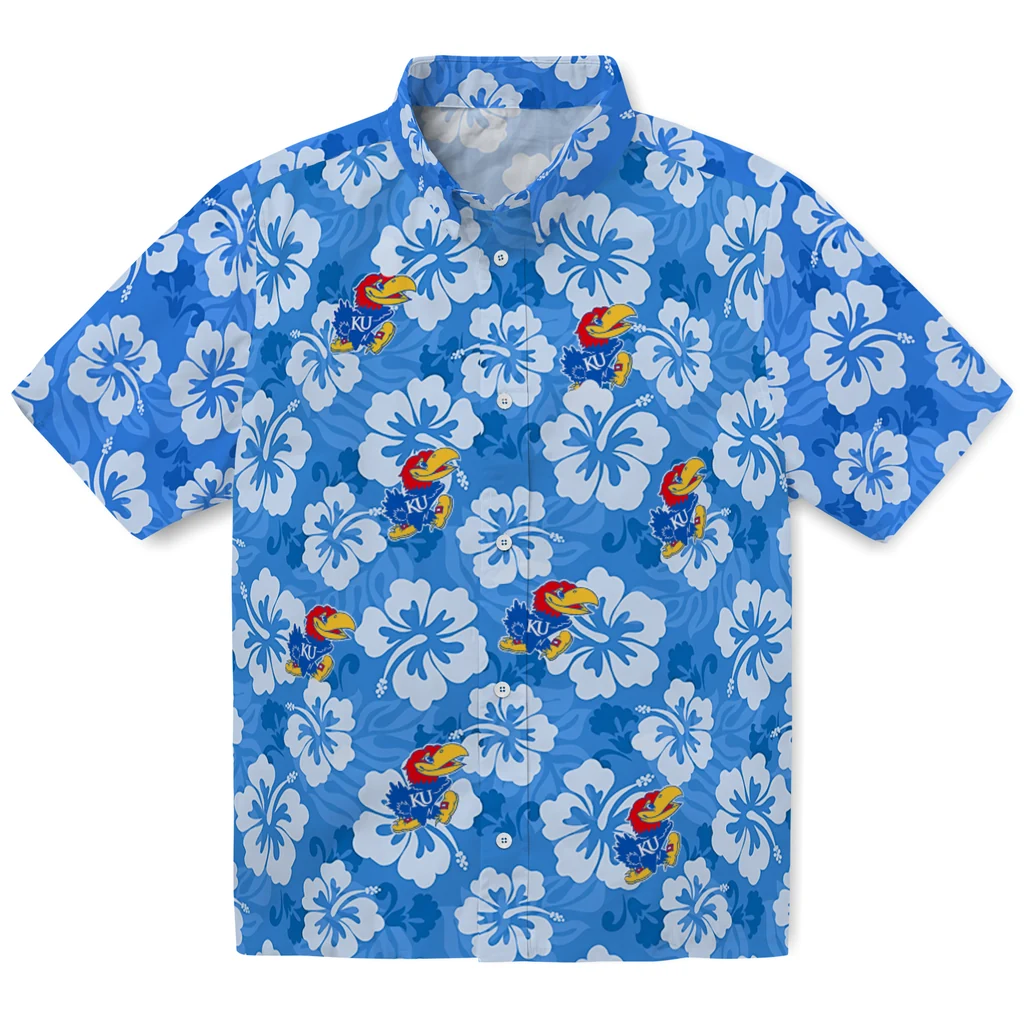 Kansas Jayhawks Hawaiian Shirt - Hibiscus Cluster kansas jayhawks hibiscus cluster blue hawaiian shirts best selling