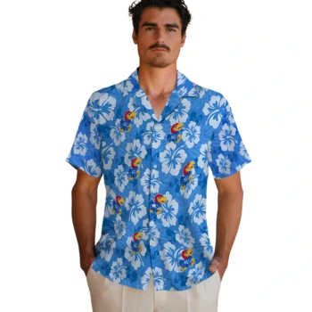 kansas jayhawks hibiscus cluster blue hawaiian shirts fashion forward