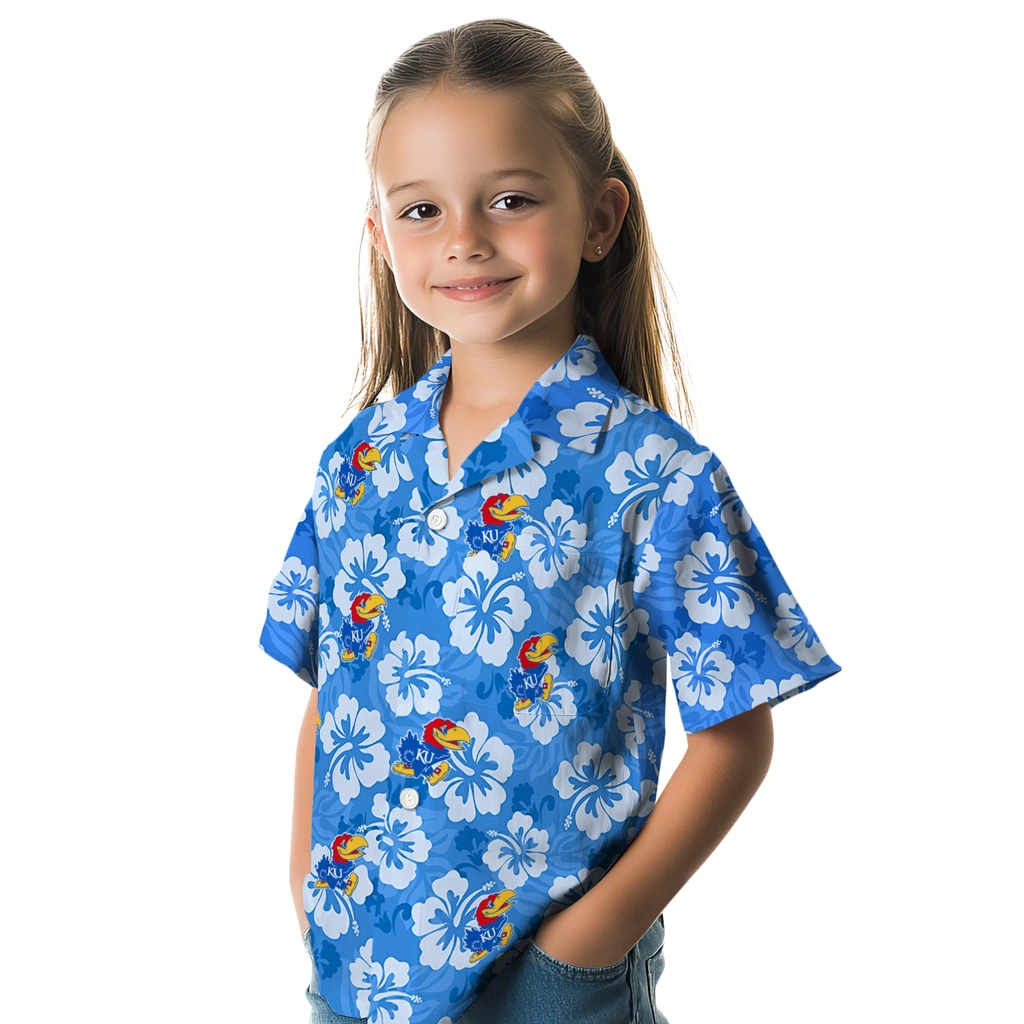 Kansas Jayhawks Hawaiian Shirt - Hibiscus Cluster kansas jayhawks hibiscus cluster blue hawaiian shirts premium grade