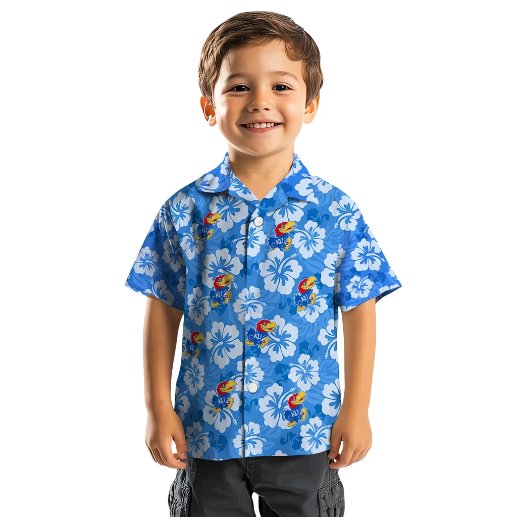 Kansas Jayhawks Hawaiian Shirt - Hibiscus Cluster kansas jayhawks hibiscus cluster blue hawaiian shirts top rated