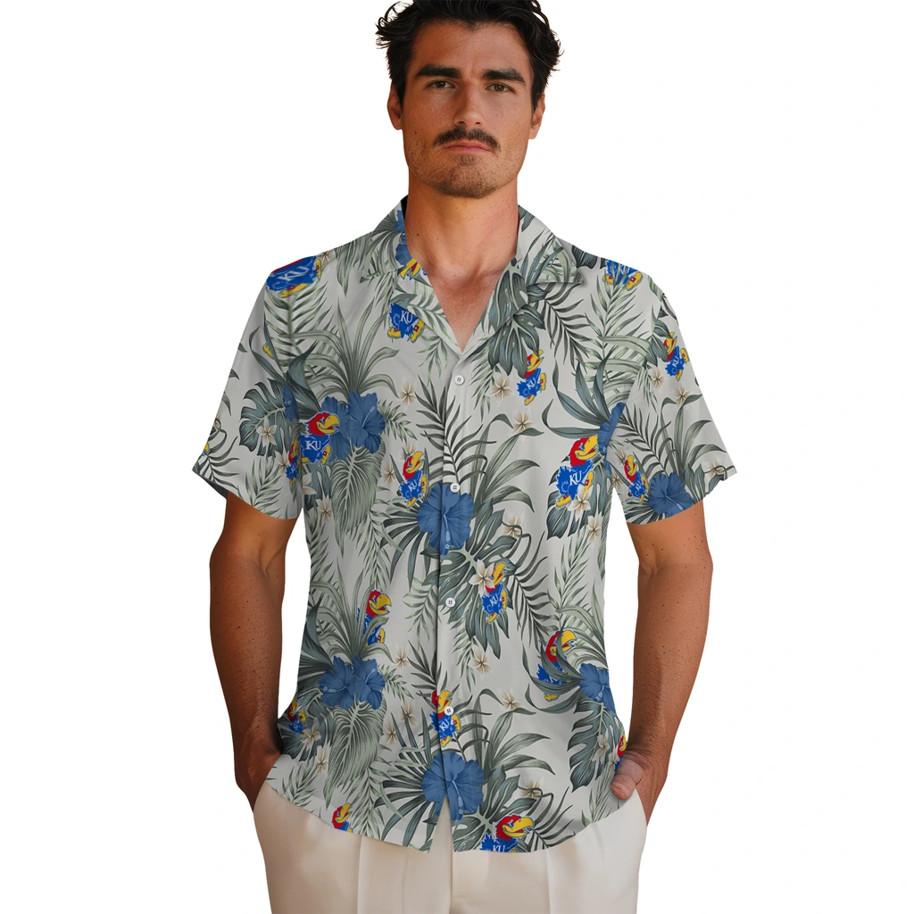 Kansas Jayhawks Hawaiian Shirt - Hibiscus Designs kansas jayhawks hibiscus designs beige hawaiian shirts fashion forward