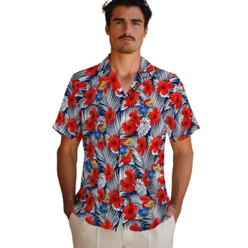 kansas jayhawks hibiscus fiesta red royal blue hawaiian shirts fashion forward