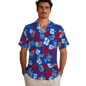 kansas jayhawks hibiscus bloom blue hawaiian shirts fashion forward