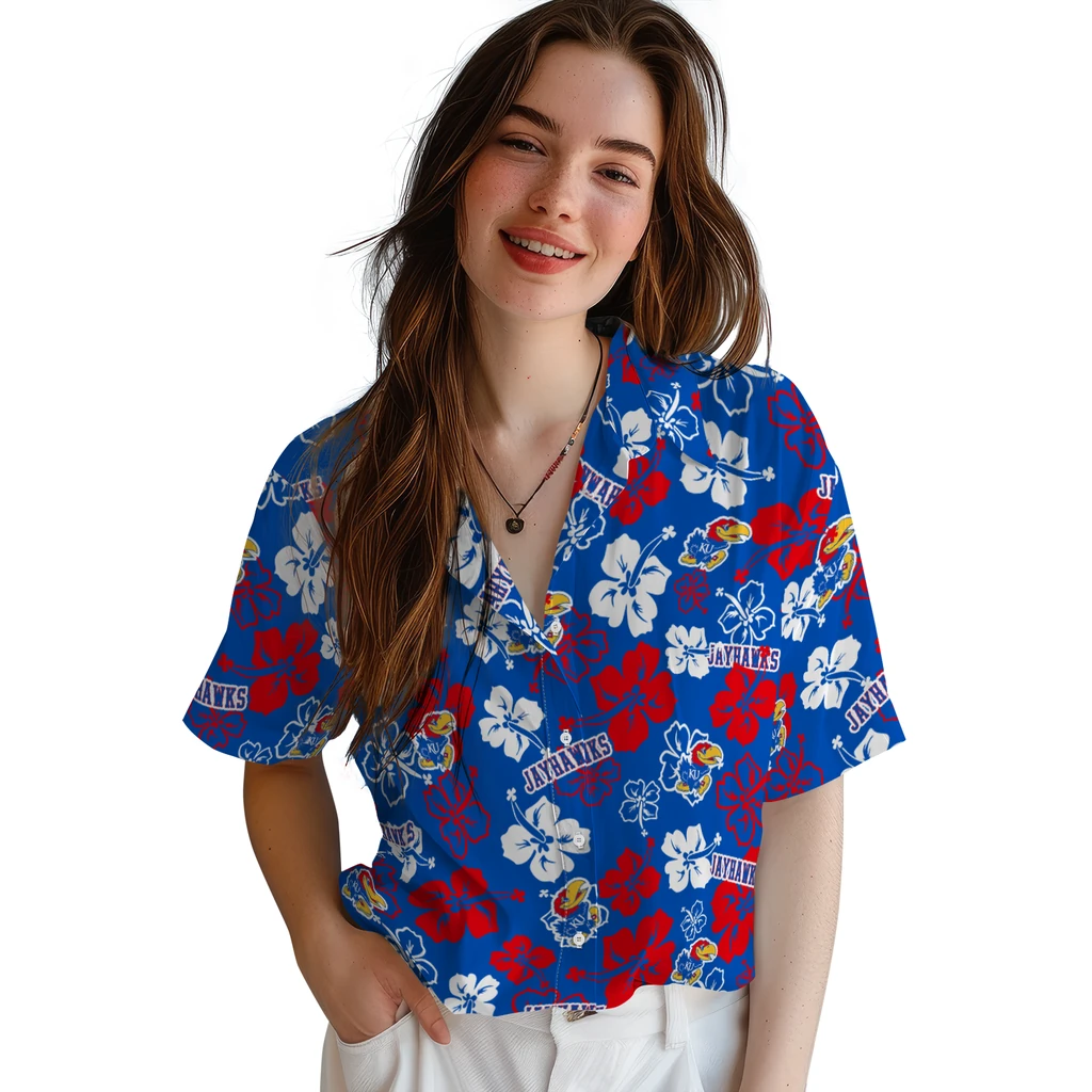 Kansas Jayhawks Hawaiian Shirt - Hibiscus Flower Design kansas jayhawks hibiscus bloom blue hawaiian shirts latest model