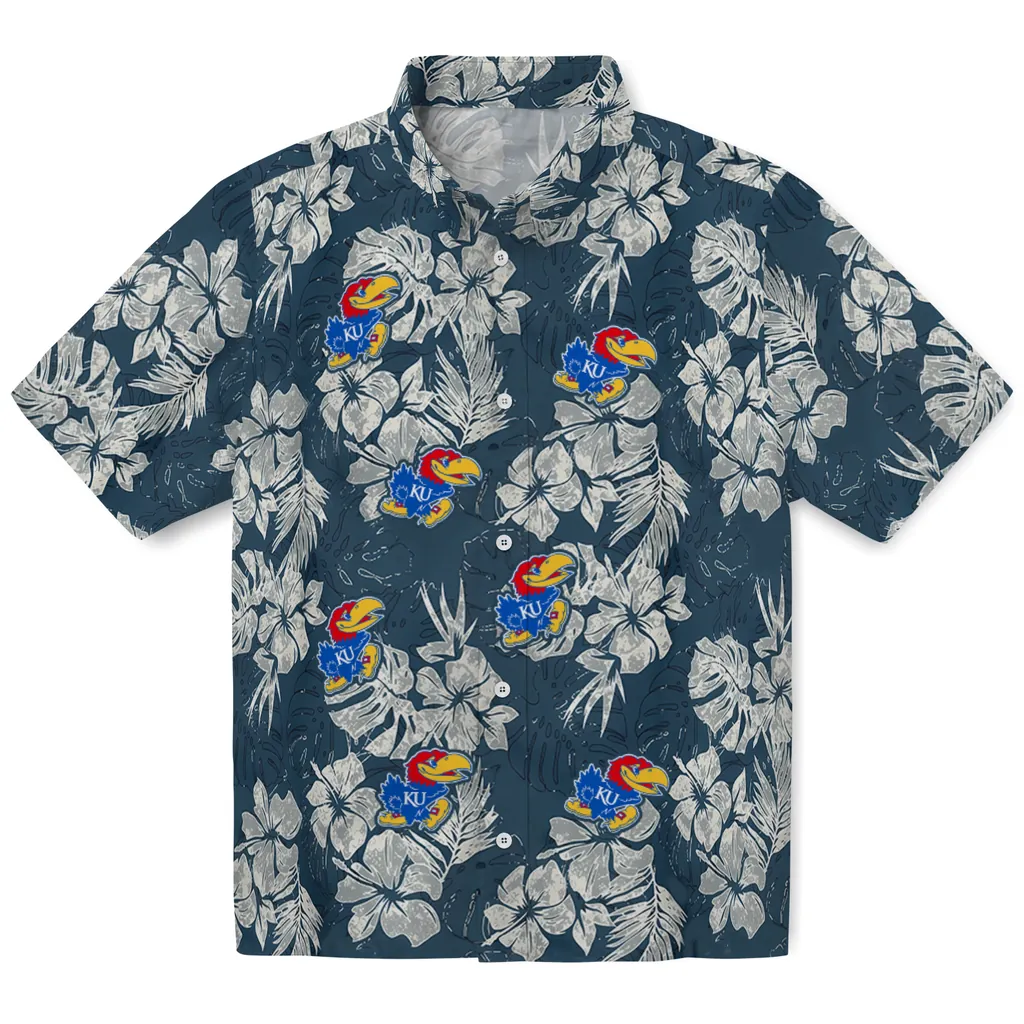 Kansas Jayhawks Hawaiian Shirt - Hibiscus Flowers kansas jayhawks hibiscus flowers navy blue hawaiian shirts best selling