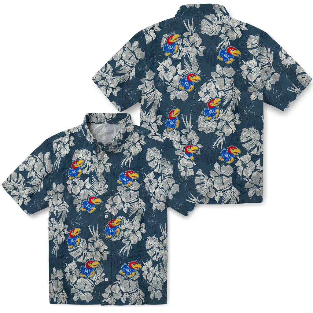 Kansas Jayhawks Hawaiian Shirt - Hibiscus Flowers kansas jayhawks hibiscus flowers navy blue hawaiian shirts high quality