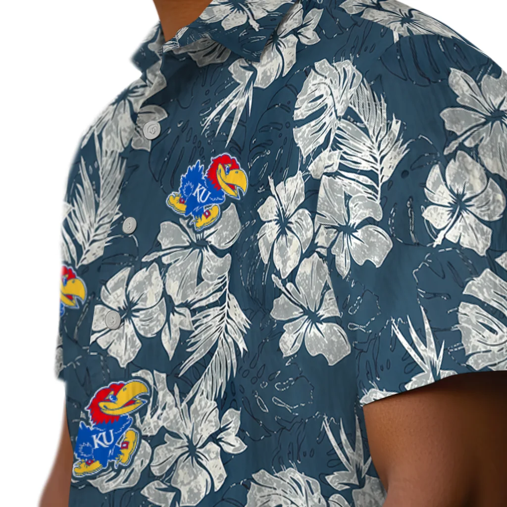 Kansas Jayhawks Hawaiian Shirt - Hibiscus Flowers kansas jayhawks hibiscus flowers navy blue hawaiian shirts trendy