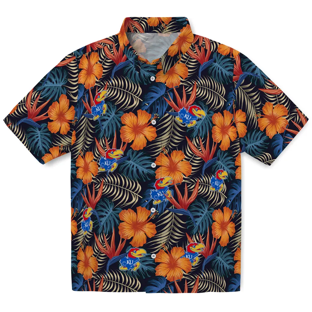 Kansas Jayhawks Hawaiian Shirt - Hibiscus Foliage kansas jayhawks hibiscus foliage hawaiian shirts best selling