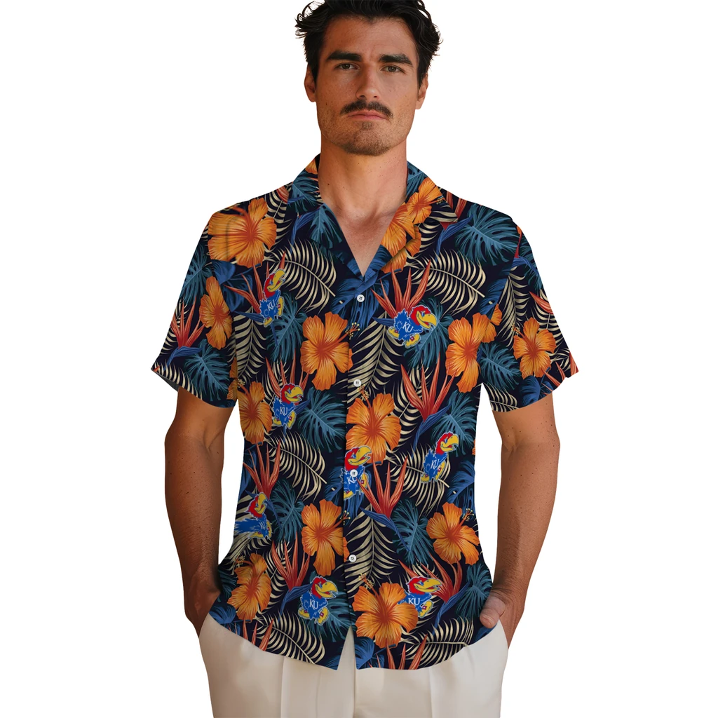 Kansas Jayhawks Hawaiian Shirt - Hibiscus Foliage kansas jayhawks hibiscus foliage hawaiian shirts fashion forward