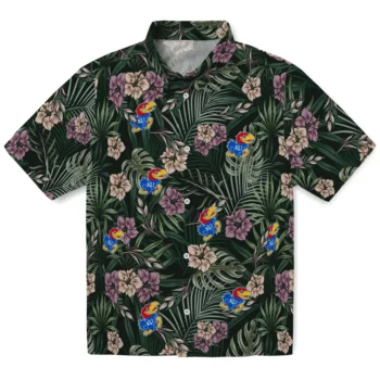kansas jayhawks hibiscus leaves pattern green hawaiian shirts best selling