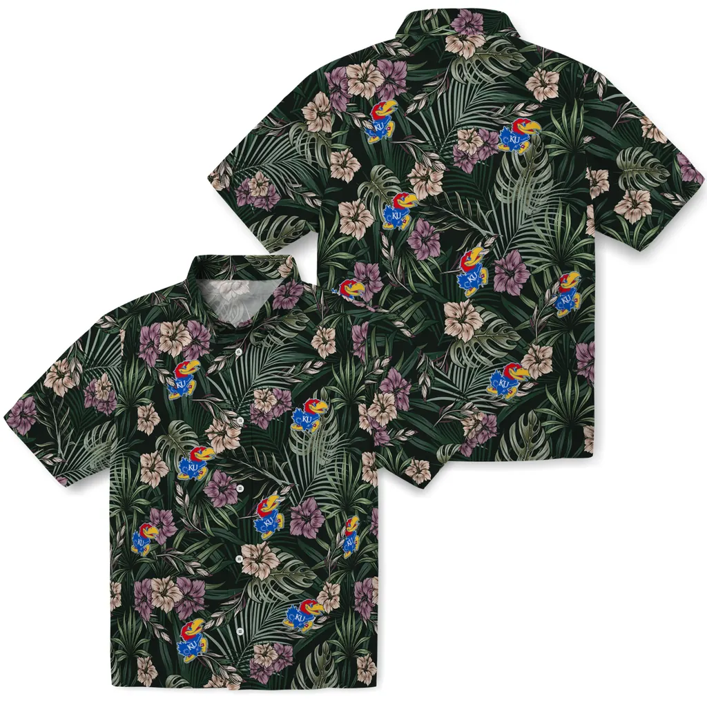 Kansas Jayhawks Hawaiian Shirt - Hibiscus Leaves Pattern kansas jayhawks hibiscus leaves pattern green hawaiian shirts high quality