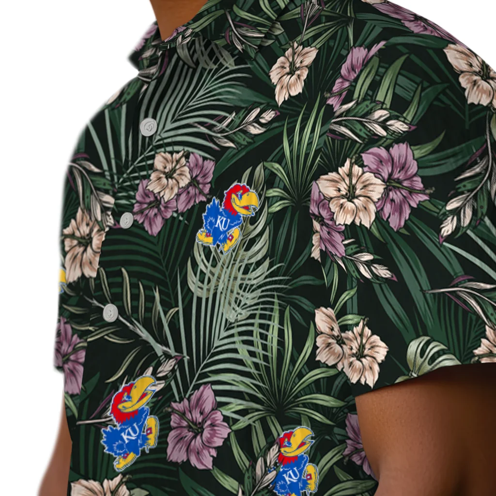 Kansas Jayhawks Hawaiian Shirt - Hibiscus Leaves Pattern kansas jayhawks hibiscus leaves pattern green hawaiian shirts trendy
