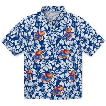 kansas jayhawks hibiscus motif blue white hawaiian shirts best selling