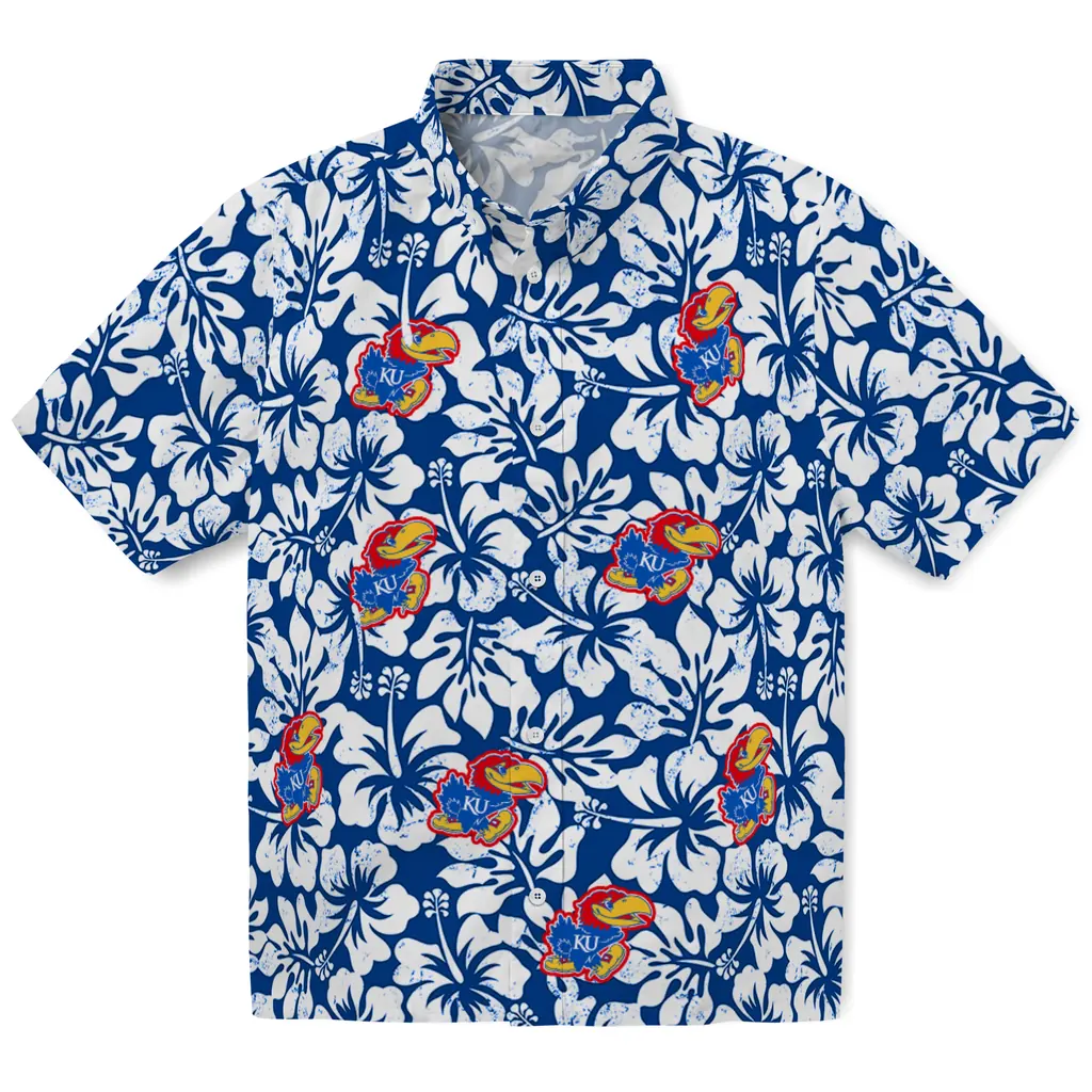 Kansas Jayhawks Hawaiian Shirt - Hibiscus Motif kansas jayhawks hibiscus motif blue white hawaiian shirts best selling