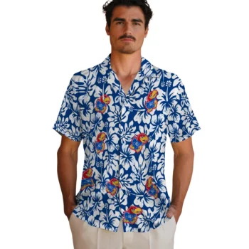 kansas jayhawks hibiscus motif blue white hawaiian shirts fashion forward