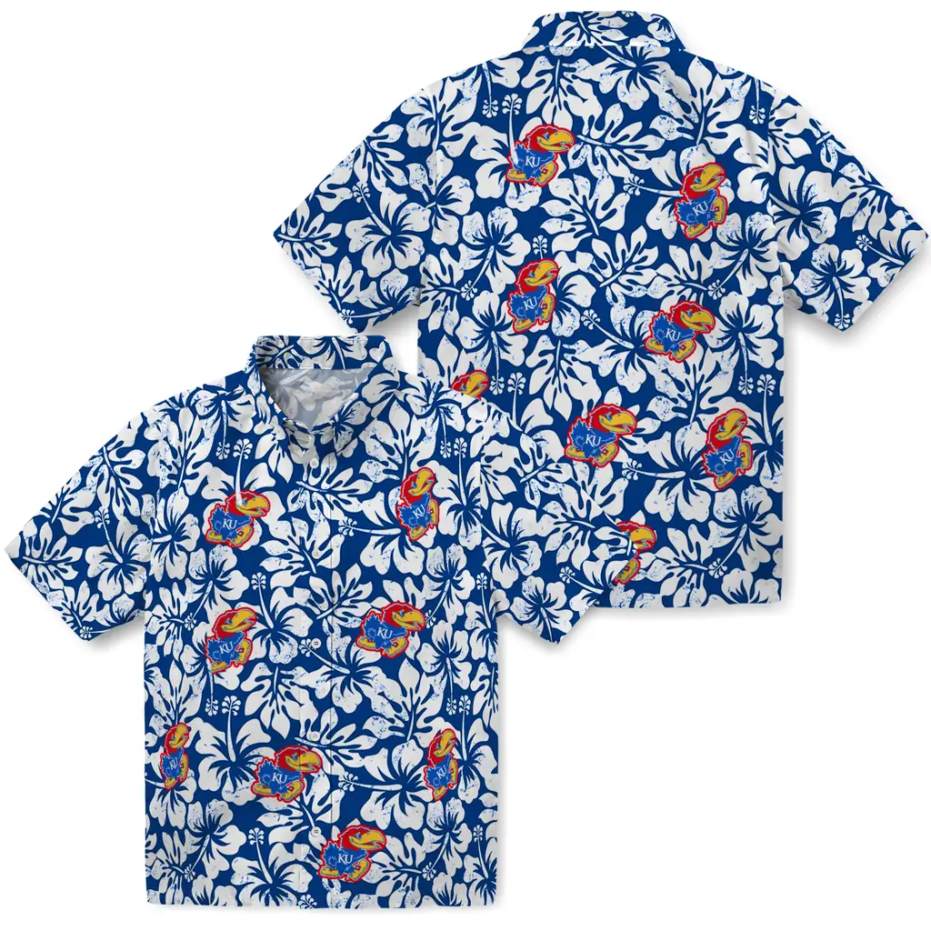 Kansas Jayhawks Hawaiian Shirt - Hibiscus Motif kansas jayhawks hibiscus motif blue white hawaiian shirts high quality