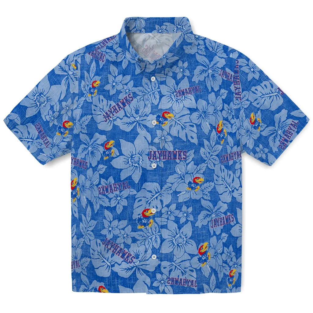 Kansas Jayhawks Hawaiian Shirt - Hibiscus Oasis kansas jayhawks hibiscus oasis blue hawaiian shirts best selling